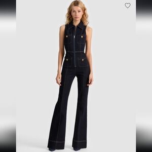 Alice + Olivia Rachel  Sleeveless Dark Blue Denim Gold Detail Jumpsuit 26